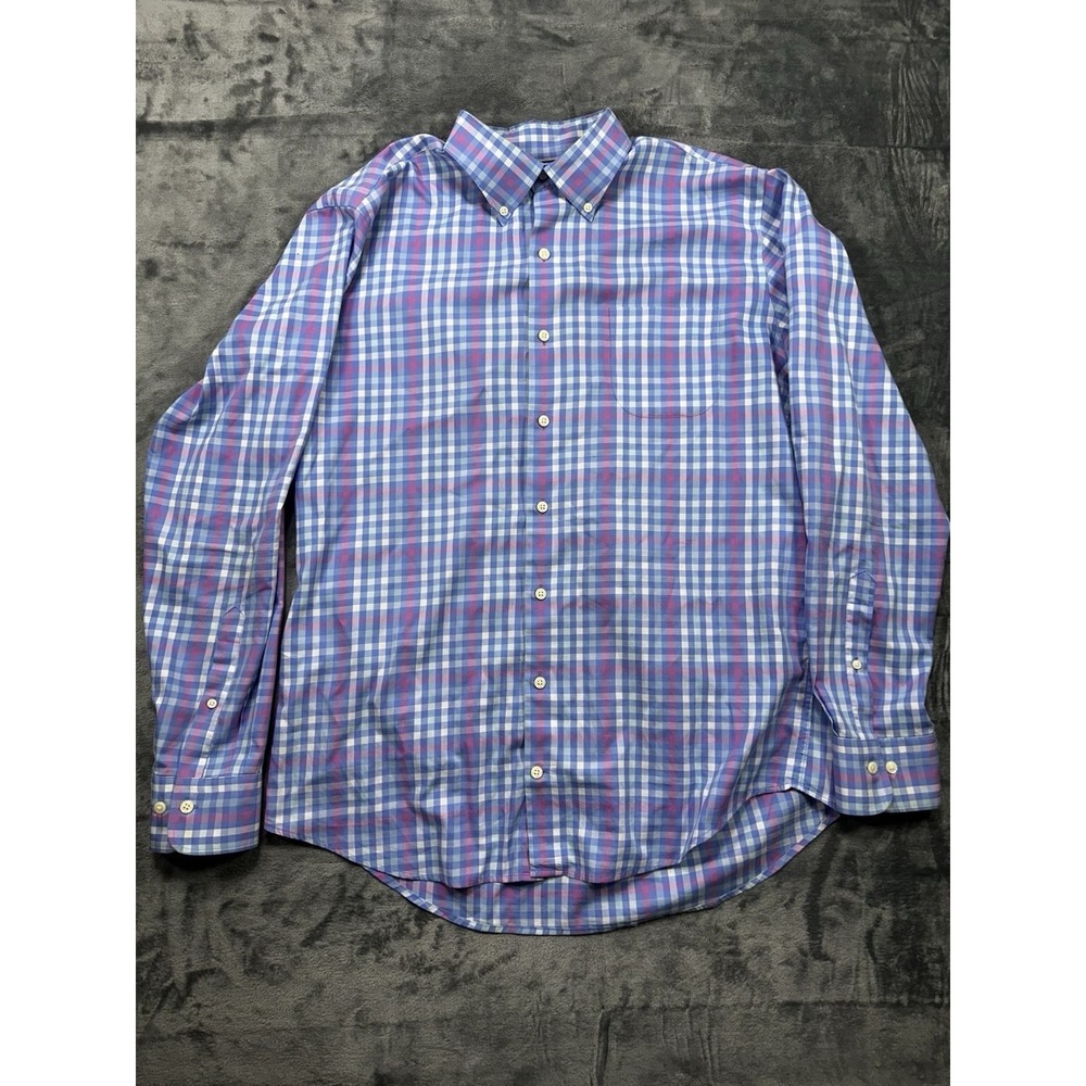 Peter Millar Summer Dress Shirt Men's Large White Blue Plaid Long Sleeve